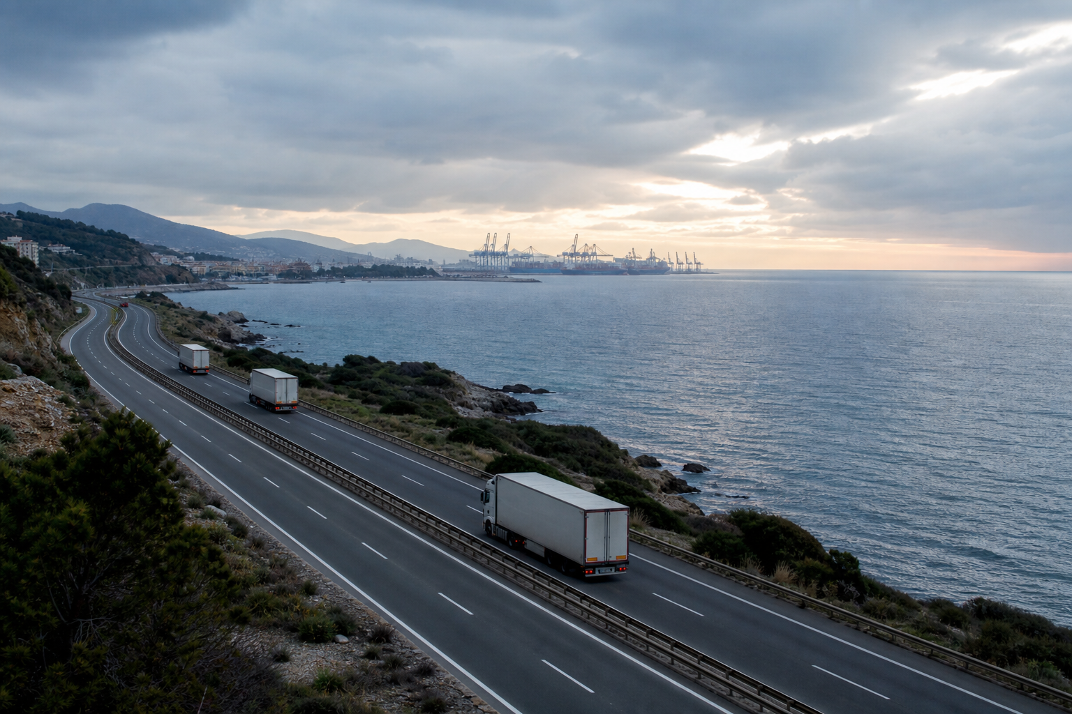 AP-7 Mediterranean corridor with trucks and the port in the background